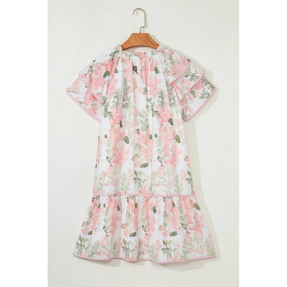 Pink Floral Contrast Edge Layered Short Sleeve Mini Dress Size XL - Picture 2 of 4